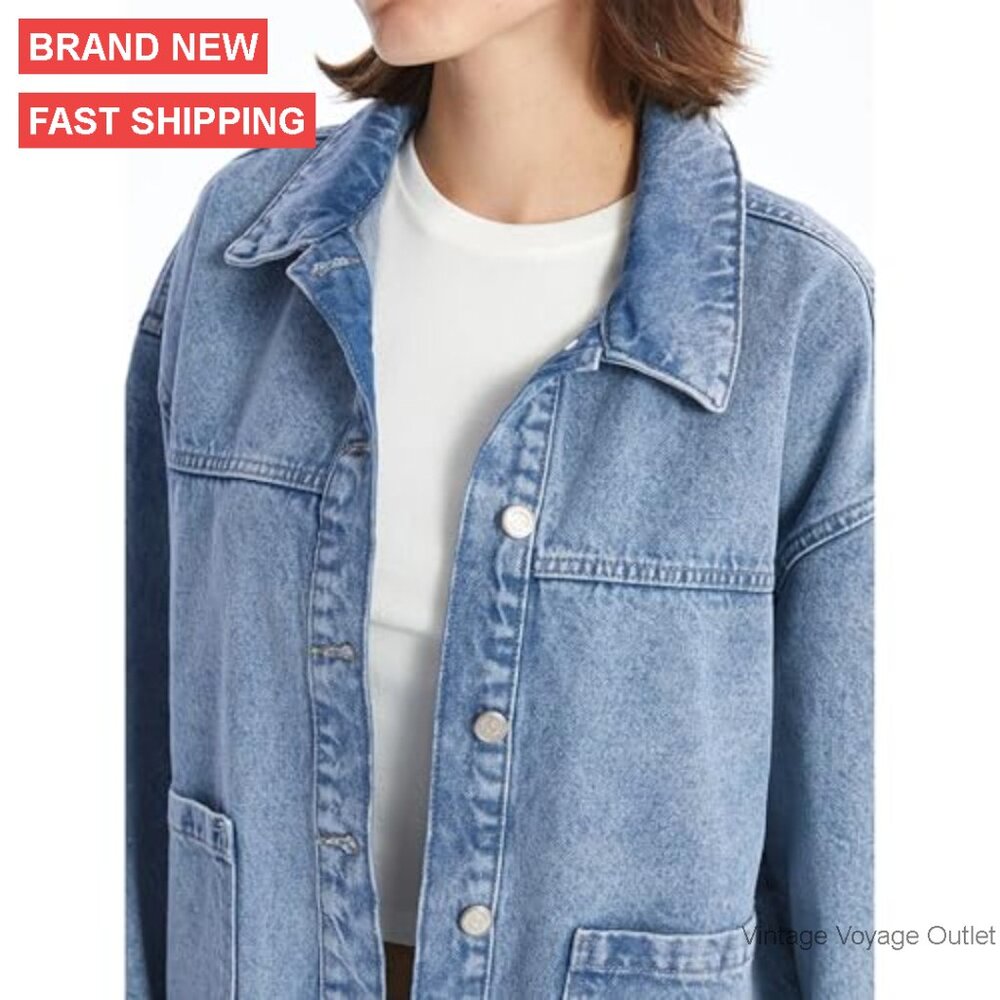 Oversized Denim Jacket with Pockets, Button Up Lo… - image 3